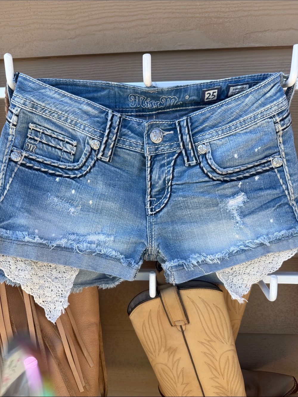 Modern Y2K "Miss Me "Signature Lace Shorts  Distressed Denim Shorts Rare sz25
